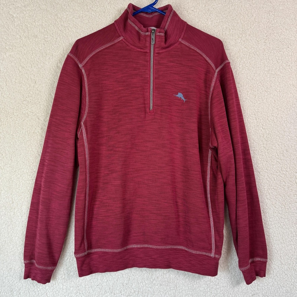 Tommy Bahama Pullover Mens Small Red Quarter Zip Sweater Lightweight Marlin Logo